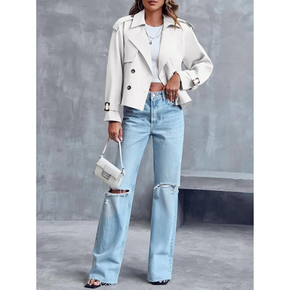 Women's White Crop Double Breasted Trench Coat Raglan Sleeve Cropped Jacket - Picture 4 of 6